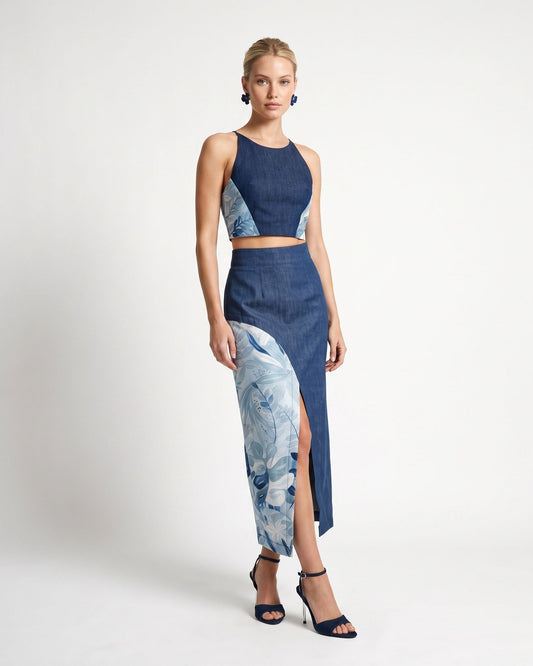Top e gonna lunga blu in denim e inserti floreali nelle tonalità dell'azzurro e fondo celeste - vista 2 indossata