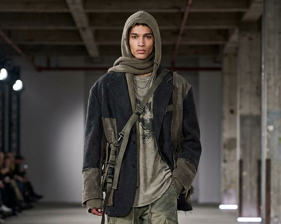 Modella in passerella con look streetwear contemporaneo ispirato alla creatività degli stilisti emergenti Seldress — AI-generated