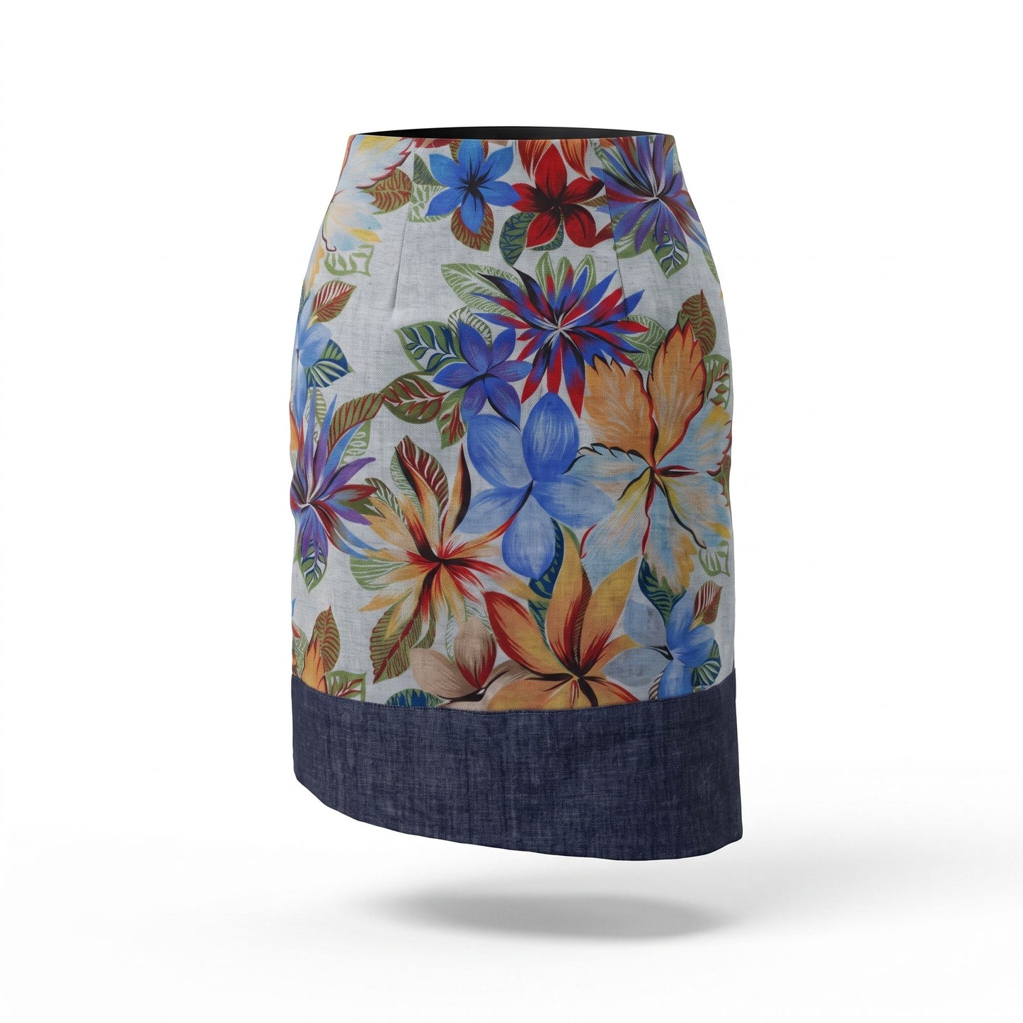 Vista posteriore della gonna midi asimmetrica artigianale in cotone con stampa floreale multicolore e dettagli in denim blu.