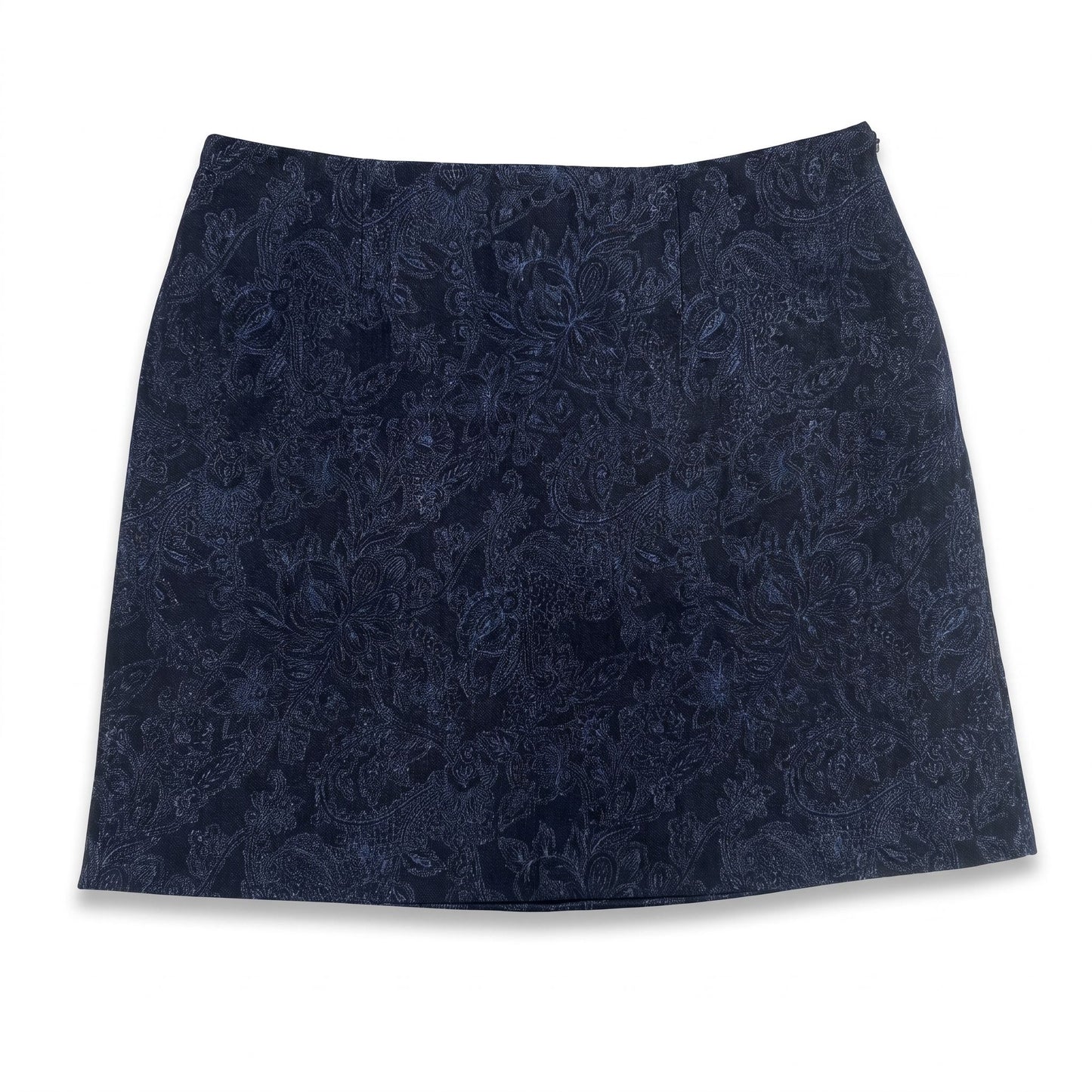 Minigonna svasata artigianale da donna in denim blu a fantasia