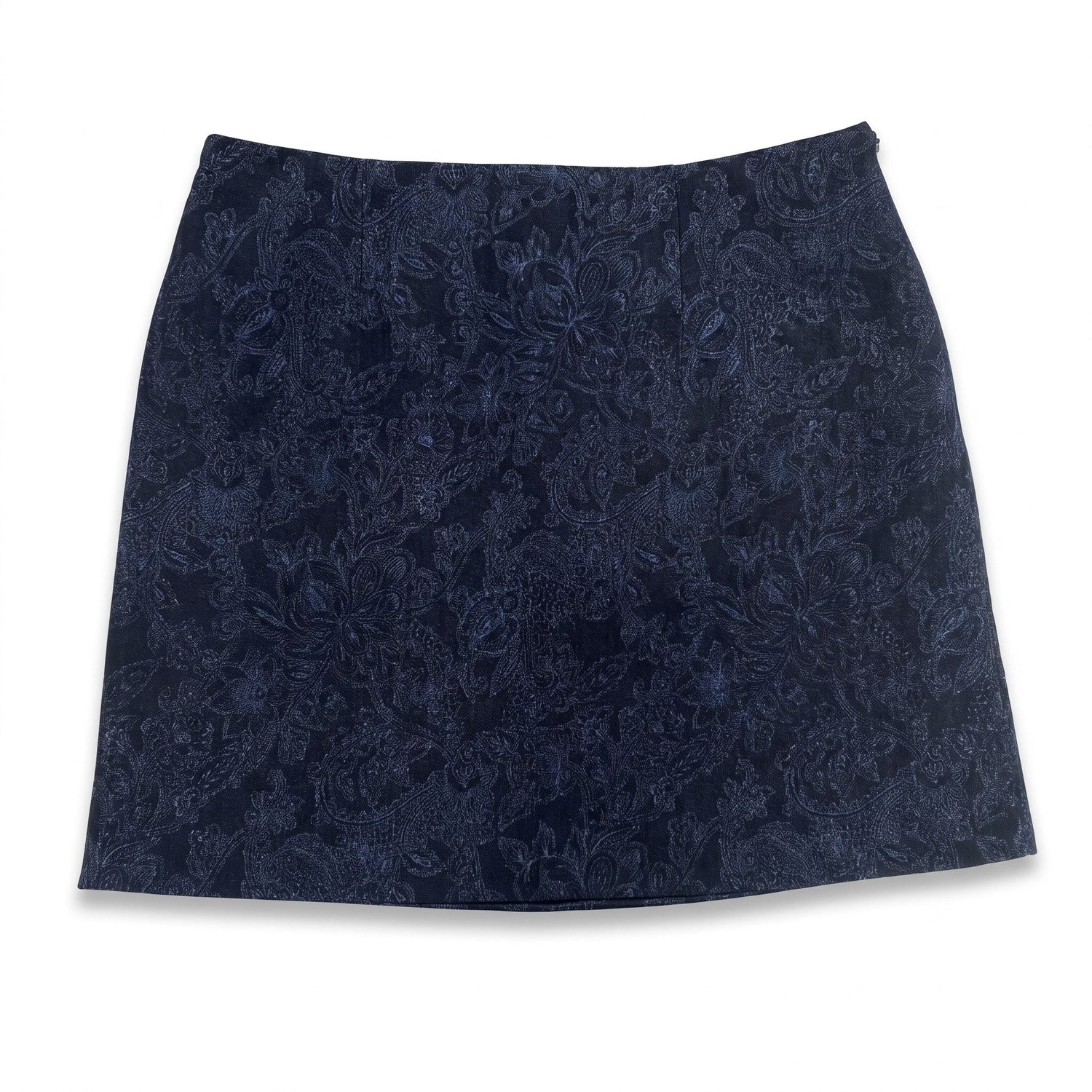 Minigonna svasata artigianale da donna in denim blu a fantasia