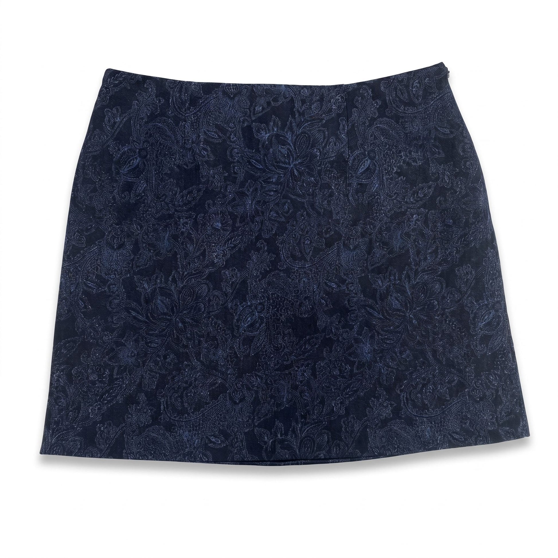 Minigonna svasata artigianale da donna in denim blu a fantasia