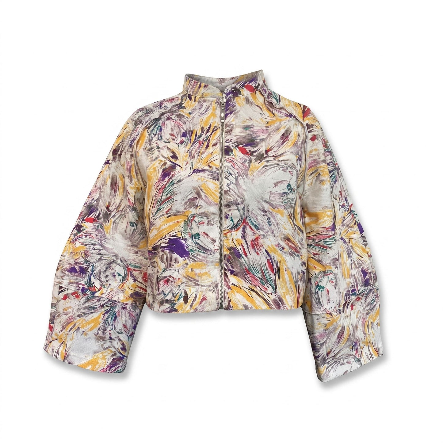 Giacca crop con stampa floreale astratta, collo alla coreana e chiusura zip – vista frontale
