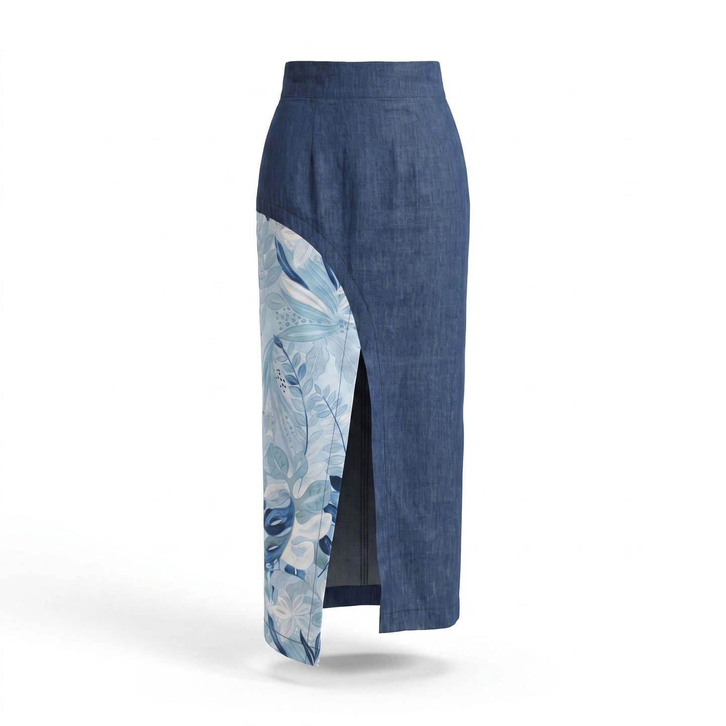 Gonna lunga asimmetrica artigianale da donna in denim blu e inserto floreale nelle tonalità dell'azzurro, vista frontale – Collezione Gioia