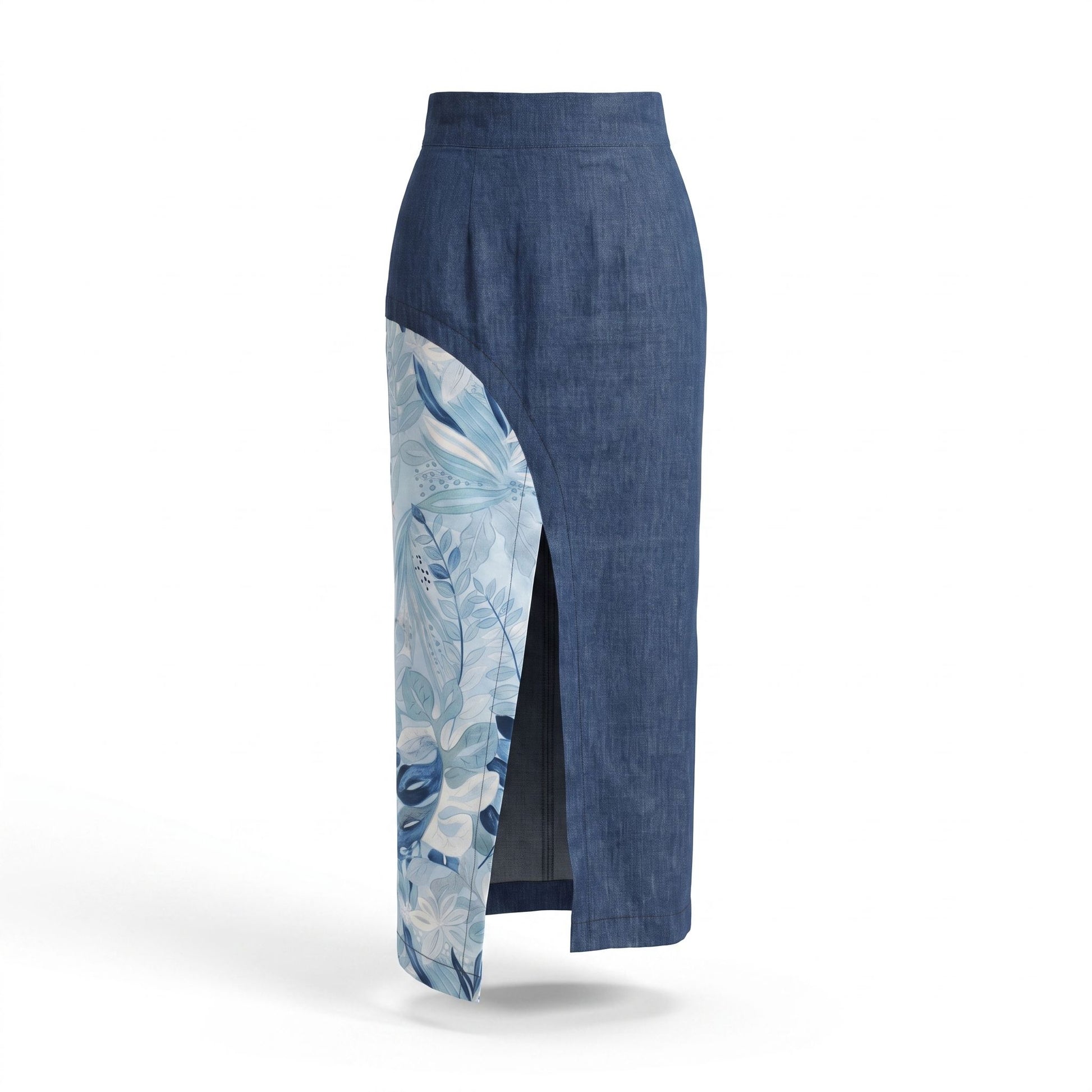 Gonna lunga asimmetrica artigianale da donna in denim blu e inserto floreale nelle tonalità dell'azzurro, vista frontale – Collezione Gioia