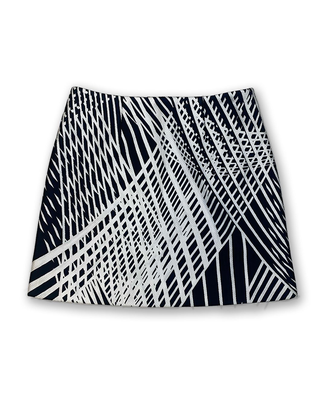 Minigonna svasata con stampa geometrica bianco e nero, tessuto piquet di cotone  – vista frontale