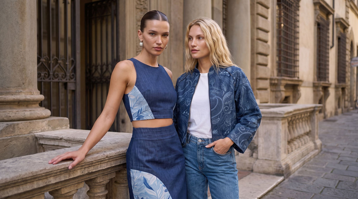 Due modelle indossano capi artigianali Seldress in denim blu davanti a un edificio storico